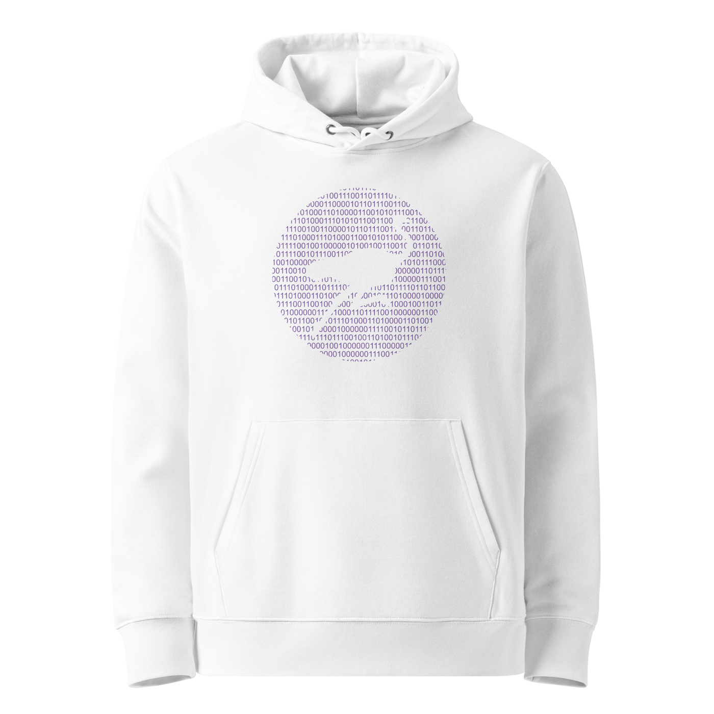 White organic cotton Nostr hoodie with the Nostr Binary design, front view