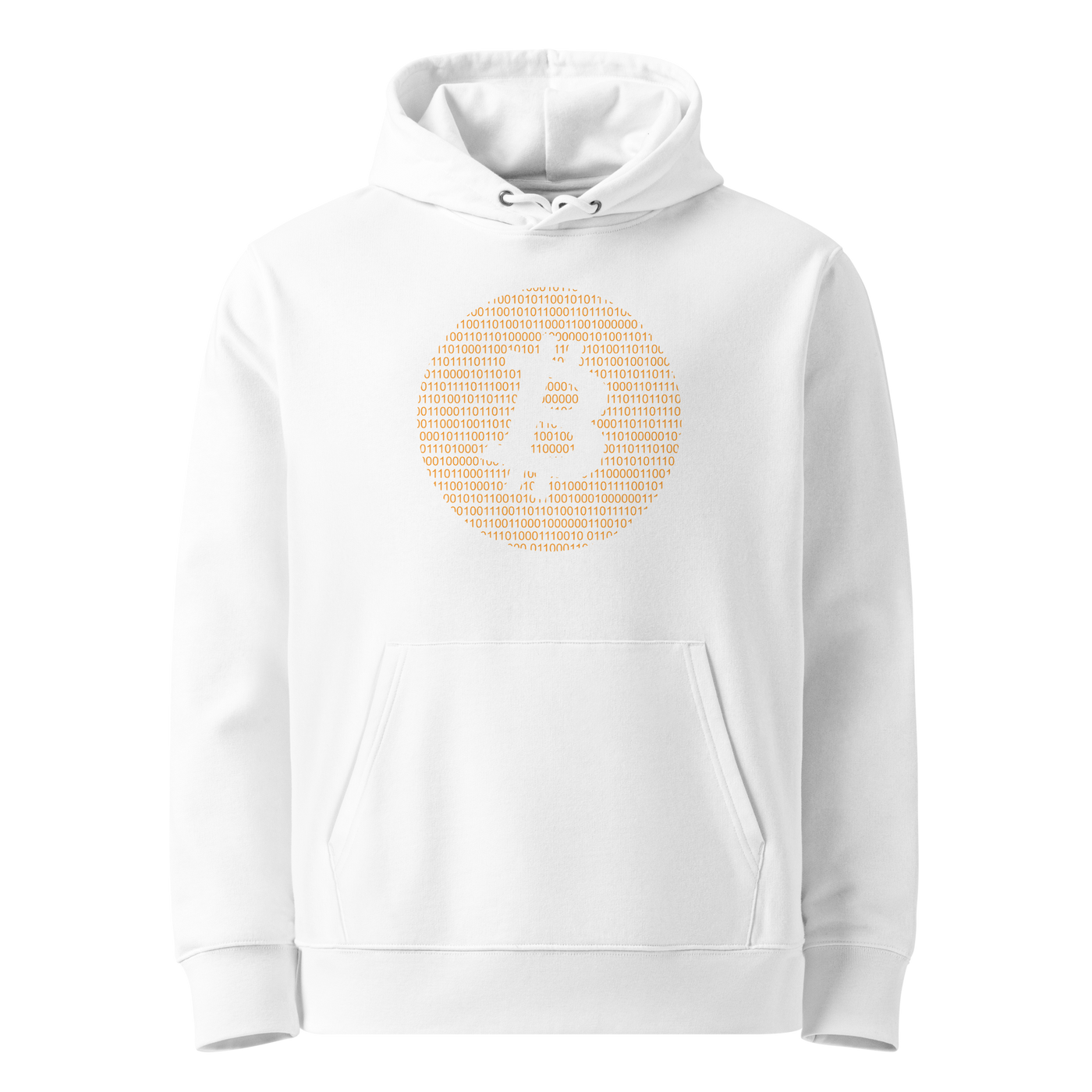 White organic cotton Bitcoin hoodie with the Bitcoin Binary design, front view