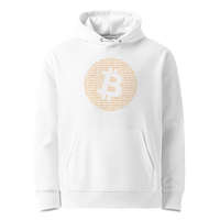 White organic cotton Bitcoin hoodie with the Bitcoin Binary design, front view