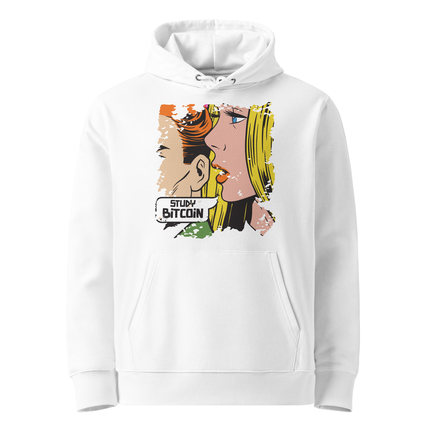 White organic cotton Bitcoin hoodie with the Study Bitcoin design, front view