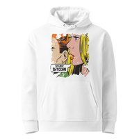 White organic cotton Bitcoin hoodie with the Study Bitcoin design, front view