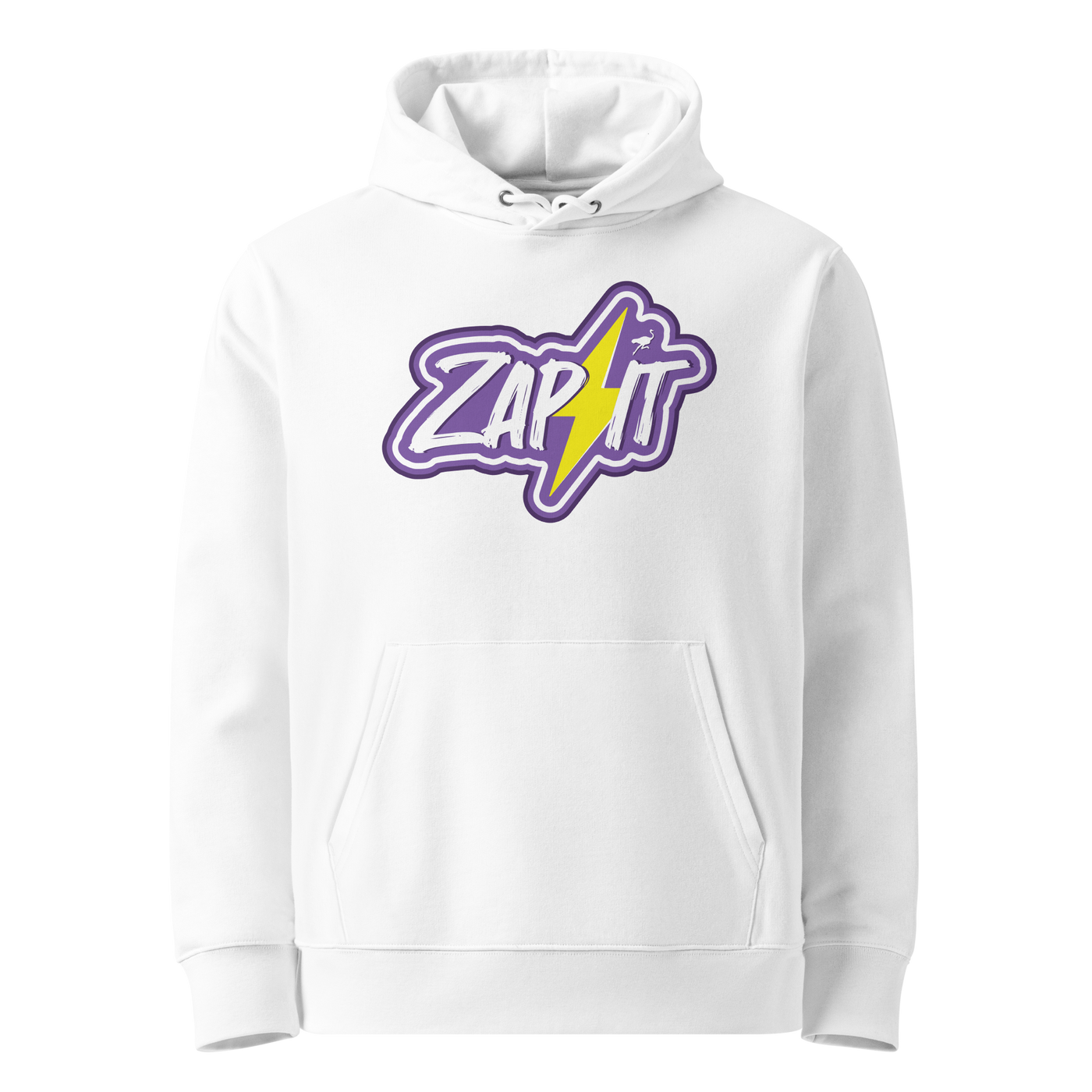 White organic cotton Nostr hoodie with the Zap It design, front view