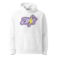White organic cotton Nostr hoodie with the Zap It design, front view