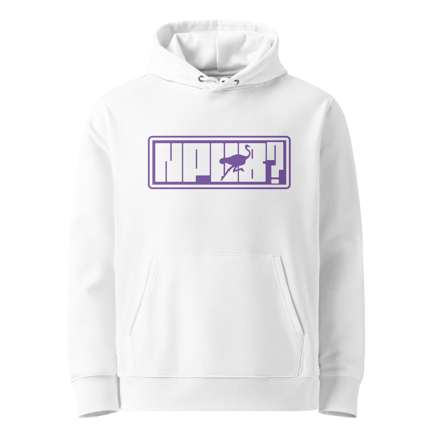 White organic cotton Nostr hoodie with the nPub design, front view