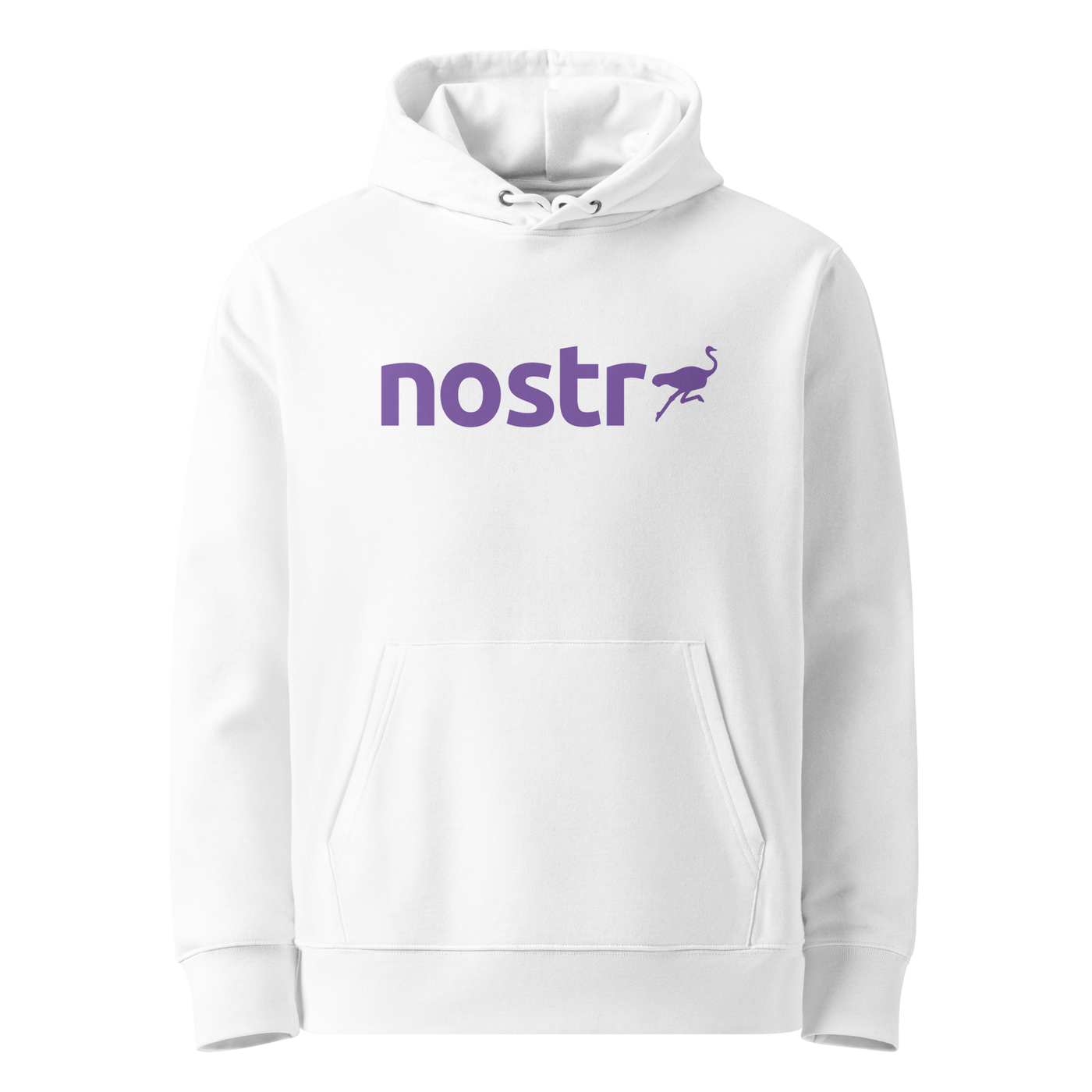 White organic cotton Nostr hoodie with the Nostr design, front view