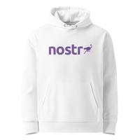 White organic cotton Nostr hoodie with the Nostr design, front view