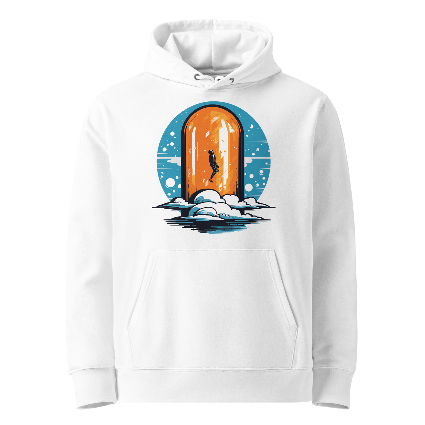 White organic cotton Bitcoin hoodie with the Orange Pill design, front view