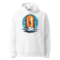 White organic cotton Bitcoin hoodie with the Orange Pill design, front view