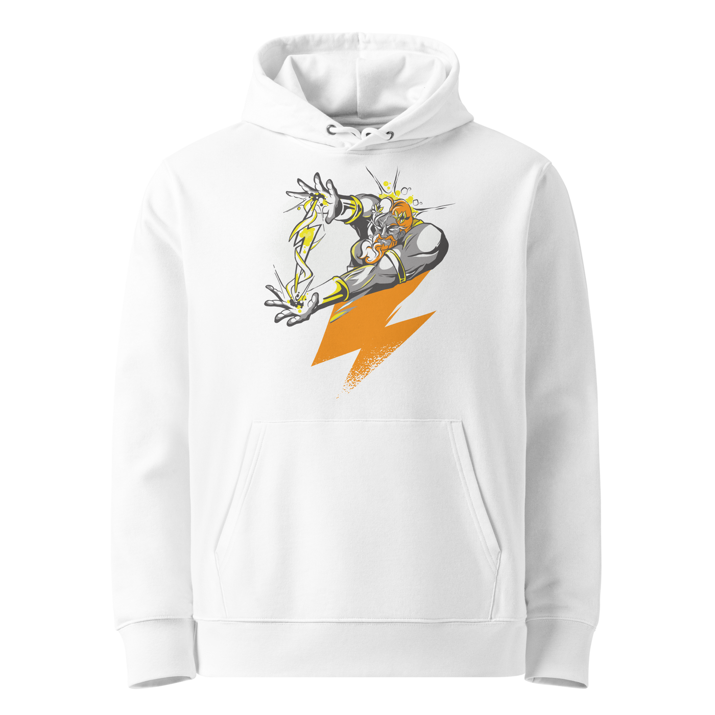 White organic cotton Bitcoin hoodie with the Zeus design, front view