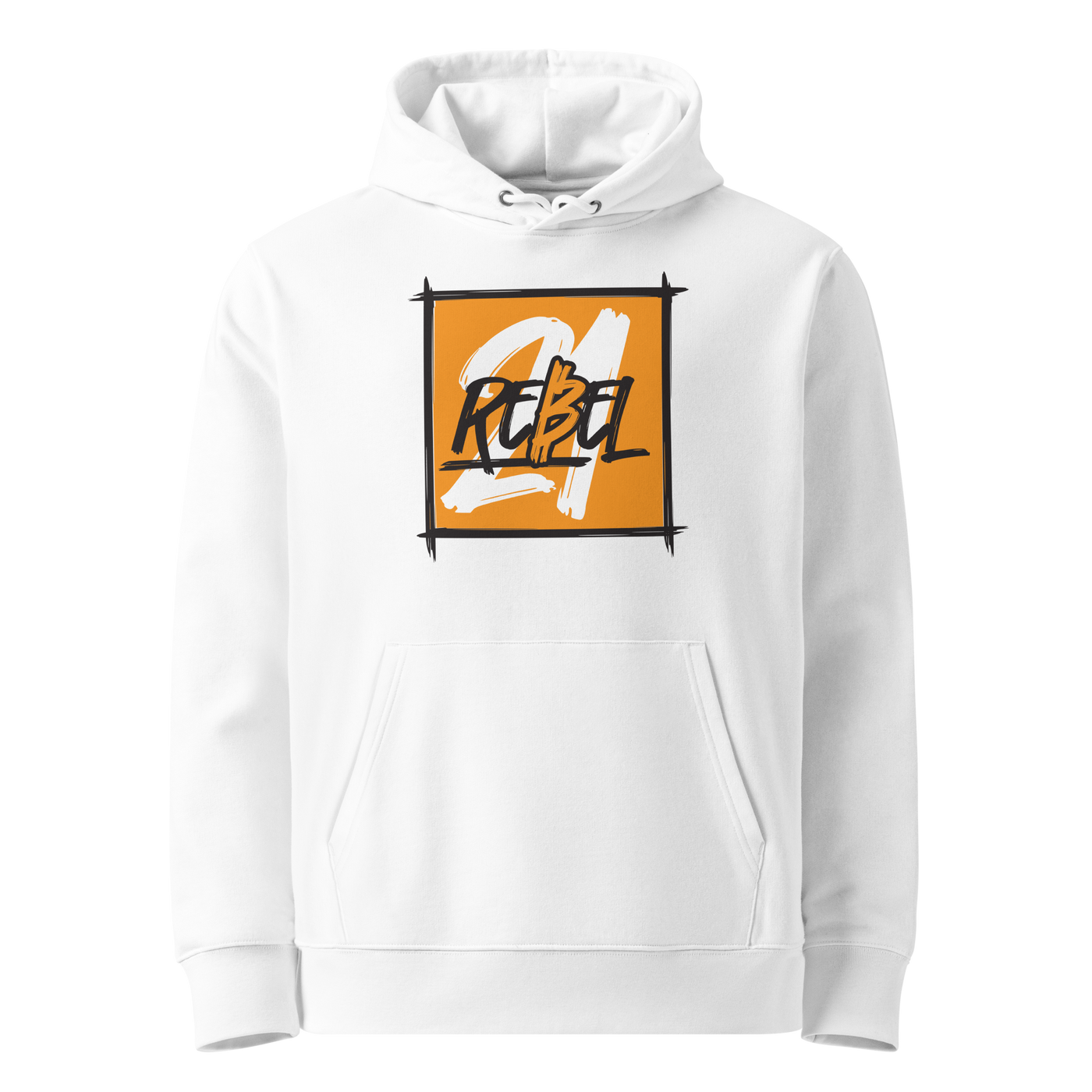 White organic cotton Bitcoin hoodie with the 21 Rebel design, front view