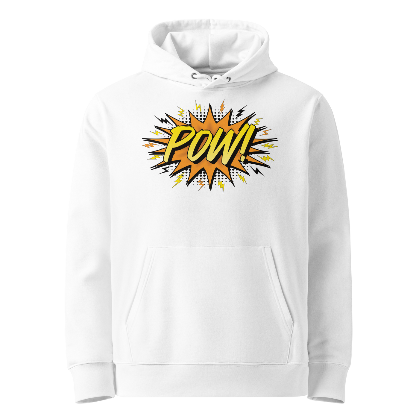 POW! eco bitcoin hoodie in White, front view: a comic style orange burst with POW! in yellow lettering and small lightning bolts.