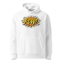 POW! eco bitcoin hoodie in White, front view: a comic style orange burst with POW! in yellow lettering and small lightning bolts.
