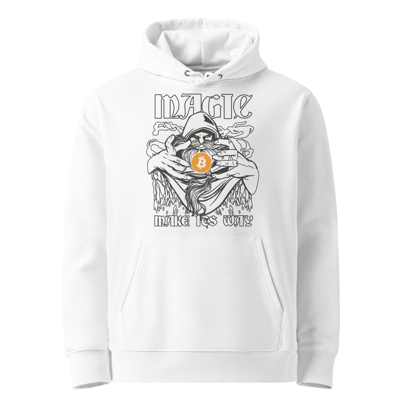 Magic make its Way eco bitcoin hoodie in White, front view: a hooded figure holding an orange bitcoin coin under the words Magic make its Way in gothic lettering.