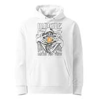 Magic make its Way eco bitcoin hoodie in White, front view: a hooded figure holding an orange bitcoin coin under the words Magic make its Way in gothic lettering.