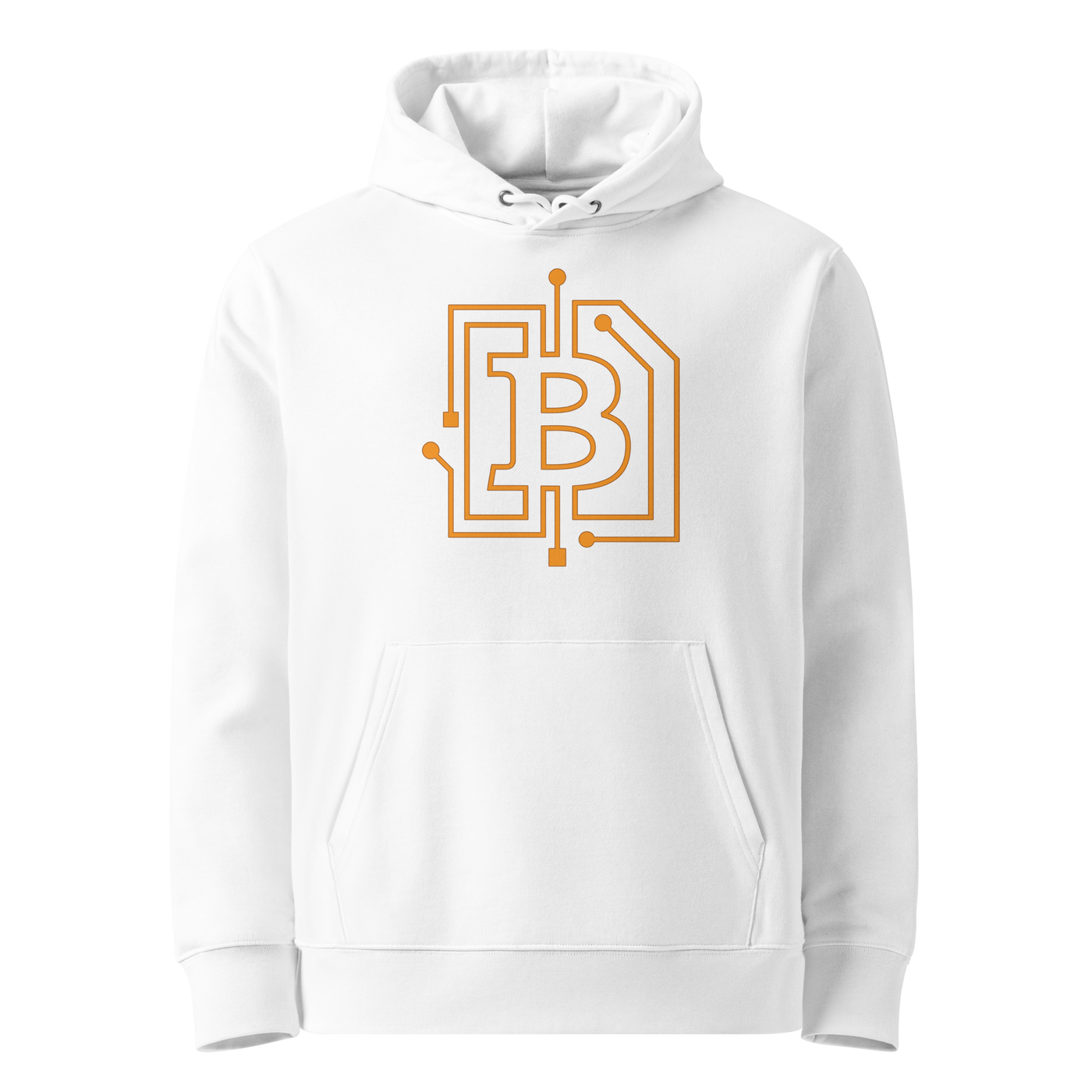 Circuit Board eco bitcoin hoodie in White, front view: an orange bitcoin B drawn as circuit board traces.