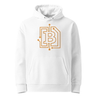Circuit Board eco bitcoin hoodie in White, front view: an orange bitcoin B drawn as circuit board traces.