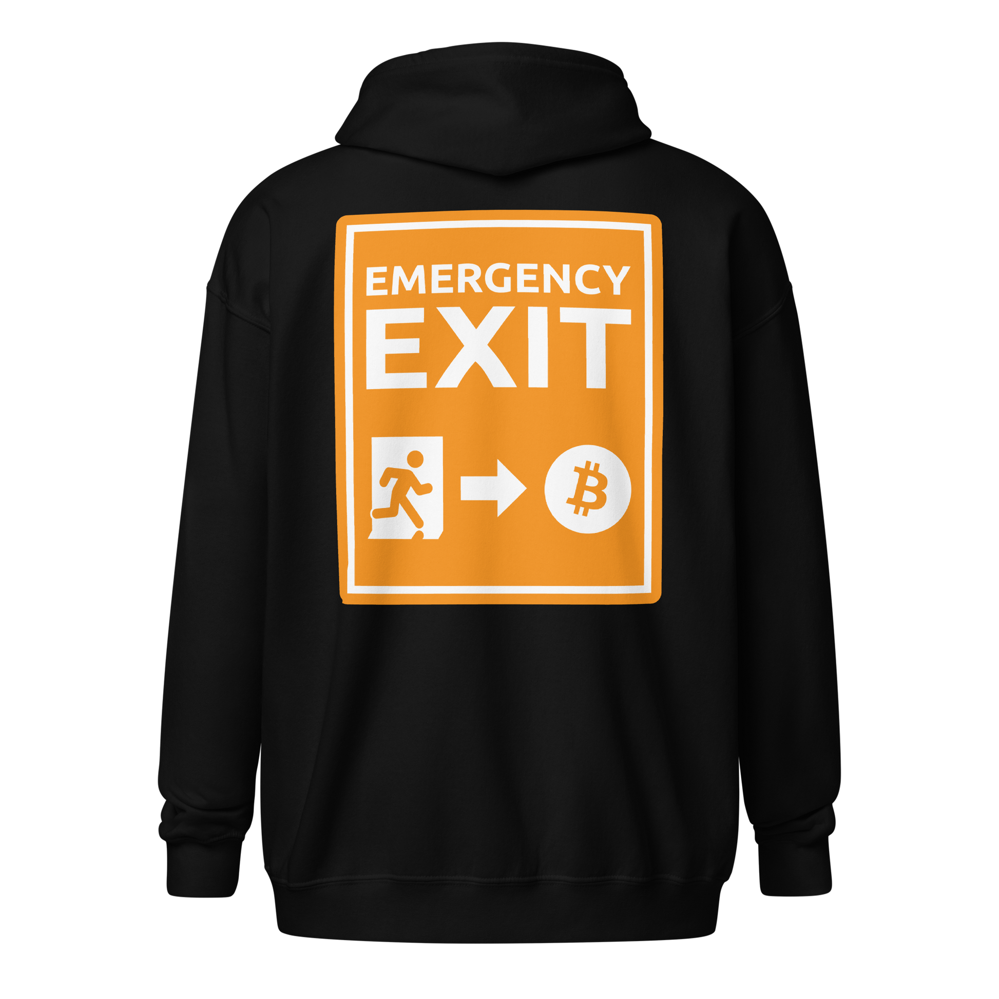 Back view of a black bitcoin zip hoodie.