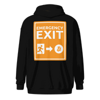 Emergency Exit Bitcoin zip hoodie promoting fair financial future