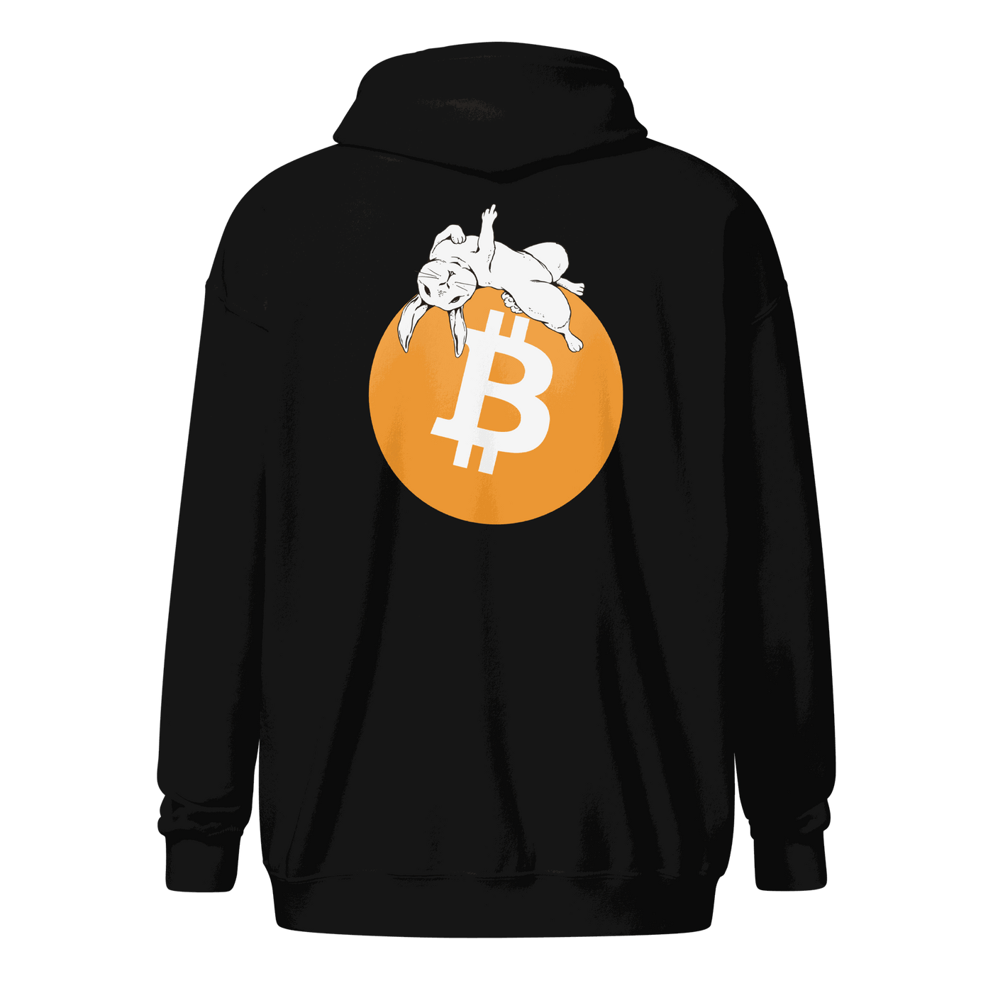 Black Bitcoin Zip Hoodie with bold F*** Fiat Money statement and zip-up style for crypto advocates