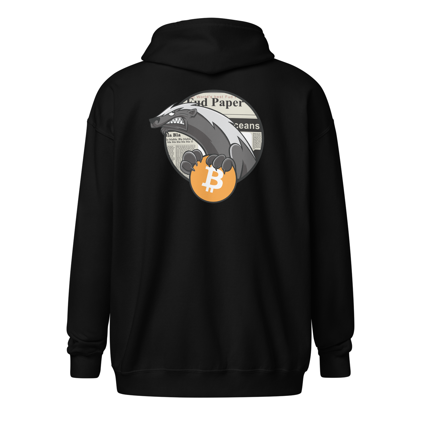 Back view of a black bitcoin zip hoodie.