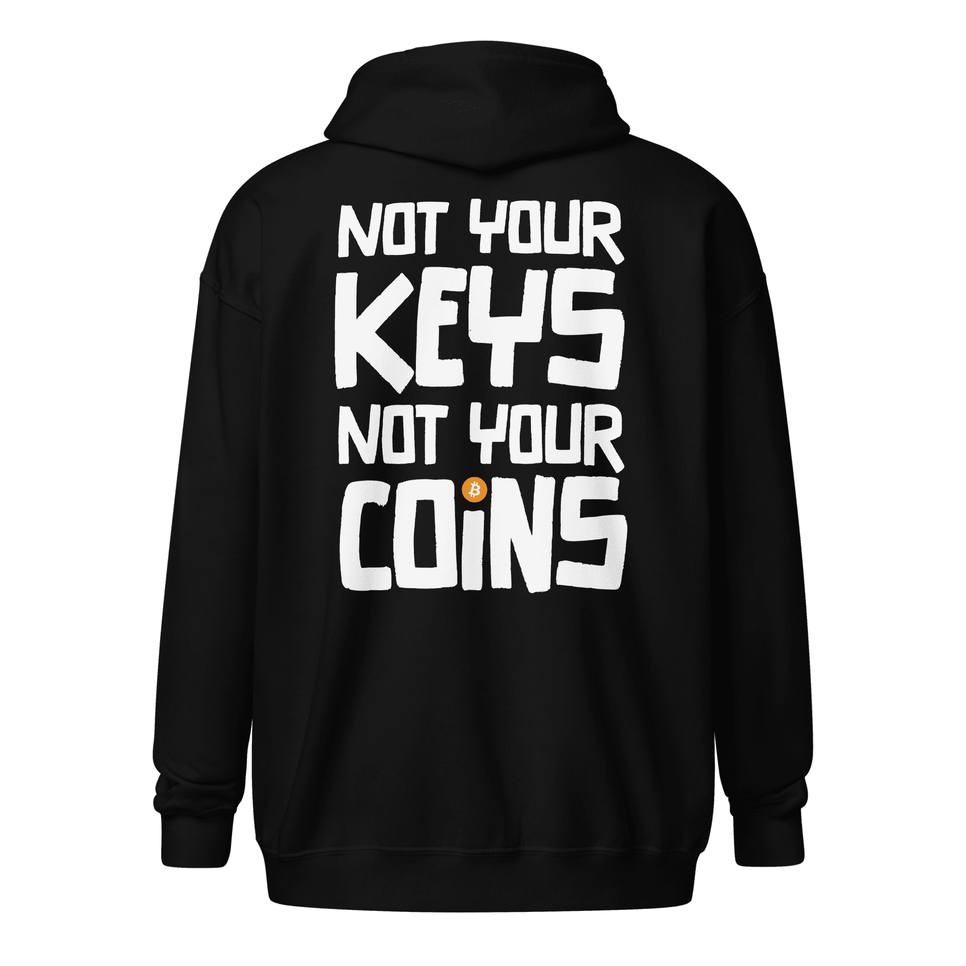 Back view of a black bitcoin zip hoodie.