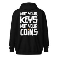 Back view of a black bitcoin zip hoodie.