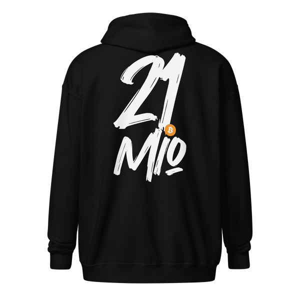 Back view of a black bitcoin zip hoodie.