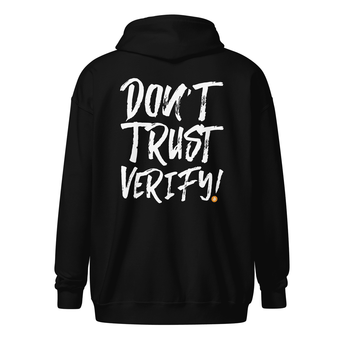 Black Bitcoin zip hoodie with "Don't Trust, Verify" text, unisex zip-up sweatshirt for crypto enthusiasts