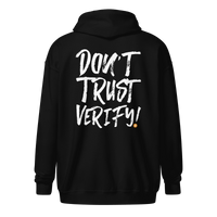 Black Bitcoin zip hoodie with "Don't Trust, Verify" text, unisex zip-up sweatshirt for crypto enthusiasts
