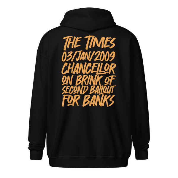 Back view of a black bitcoin zip hoodie.