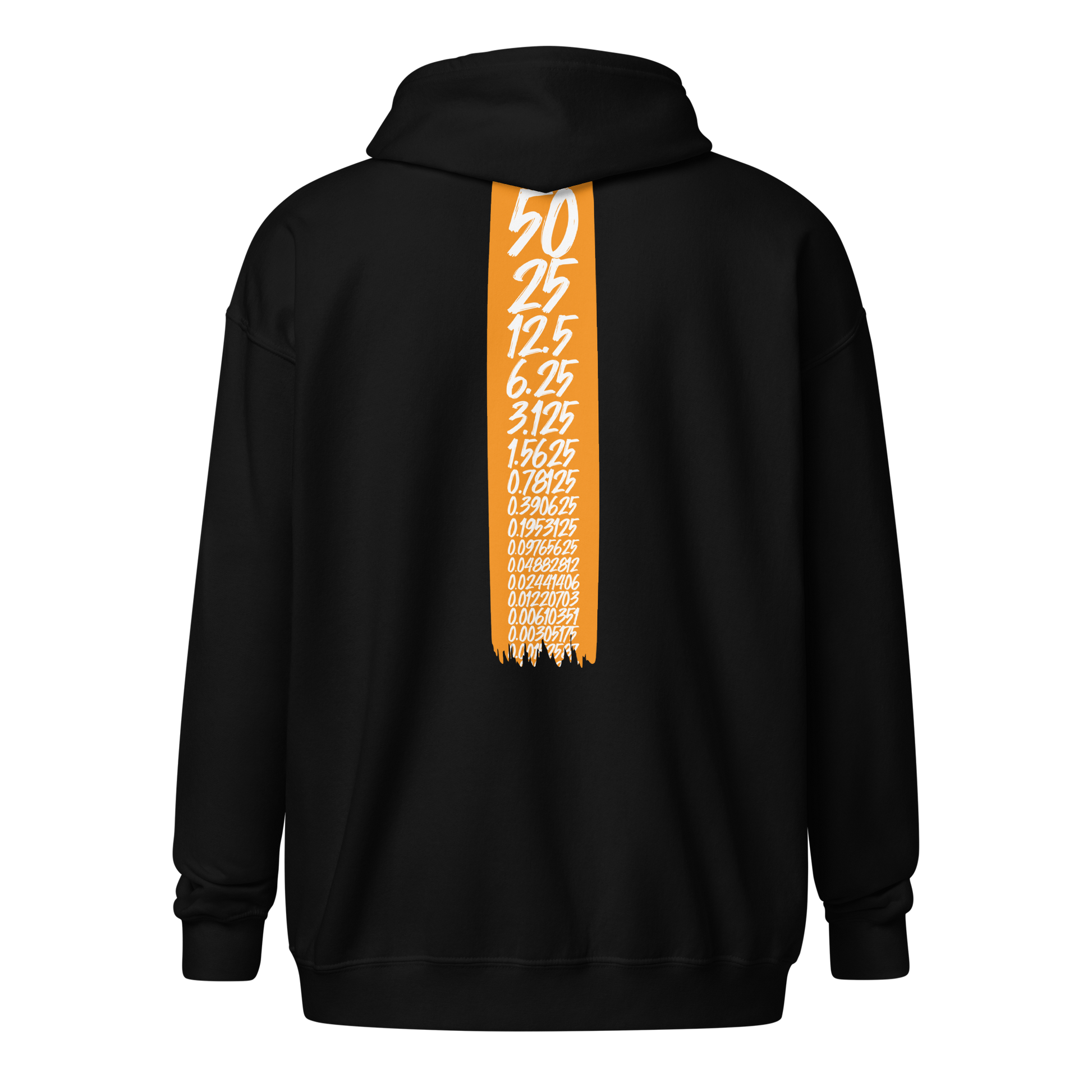 Back view of a black bitcoin zip hoodie.