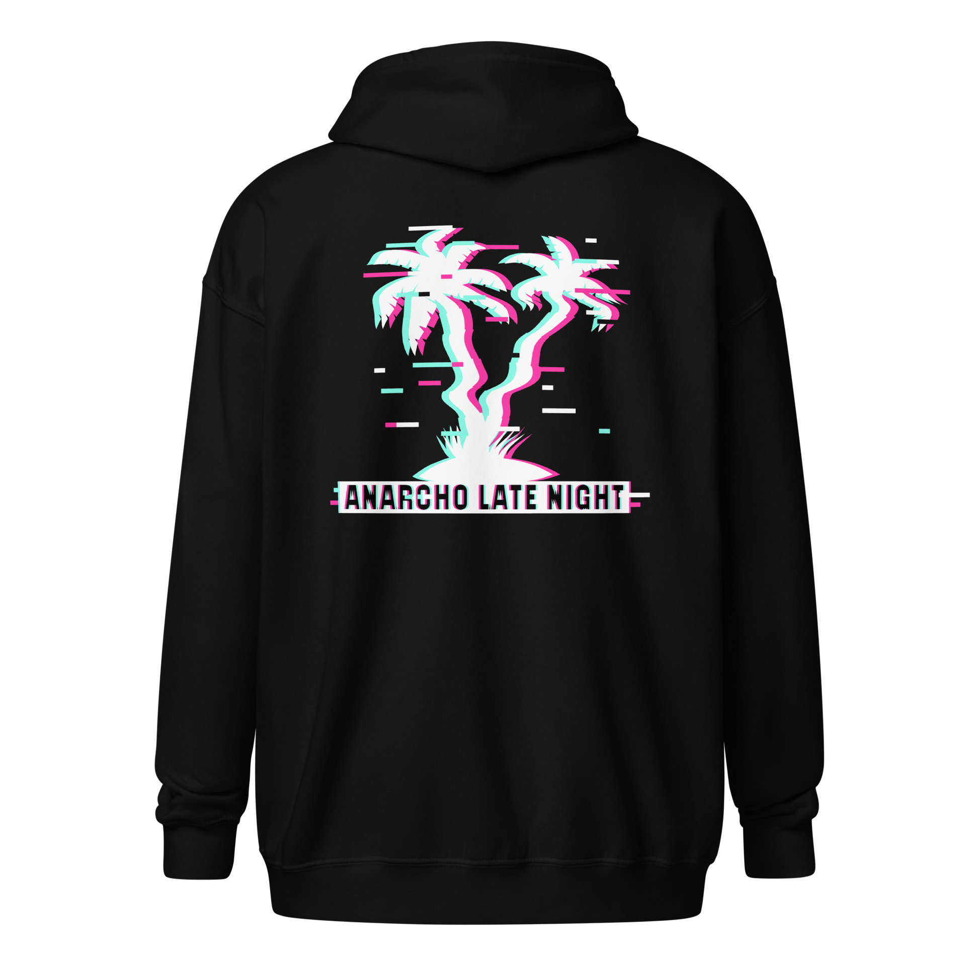 Back view of a black aln zip hoodie.
