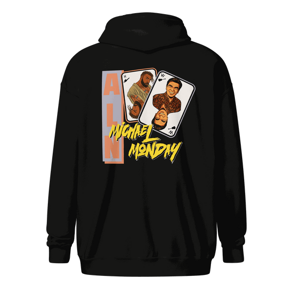 Anarcho Late Night hoodie zip-up with soft fleece, metal zipper, front pockets, and hood with drawstrings