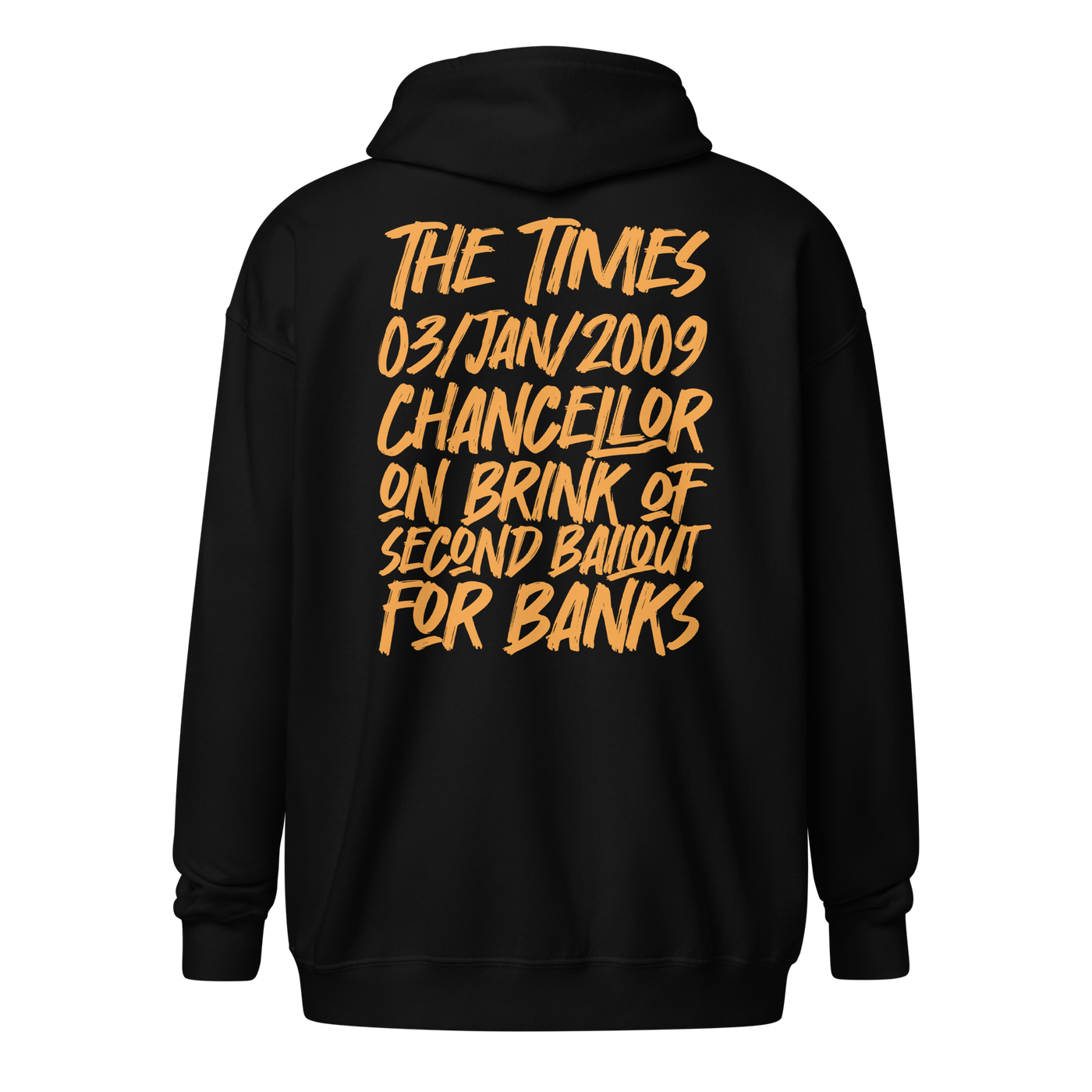 Back view of a black bitcoin zip hoodie.