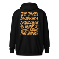 Back view of a black bitcoin zip hoodie.