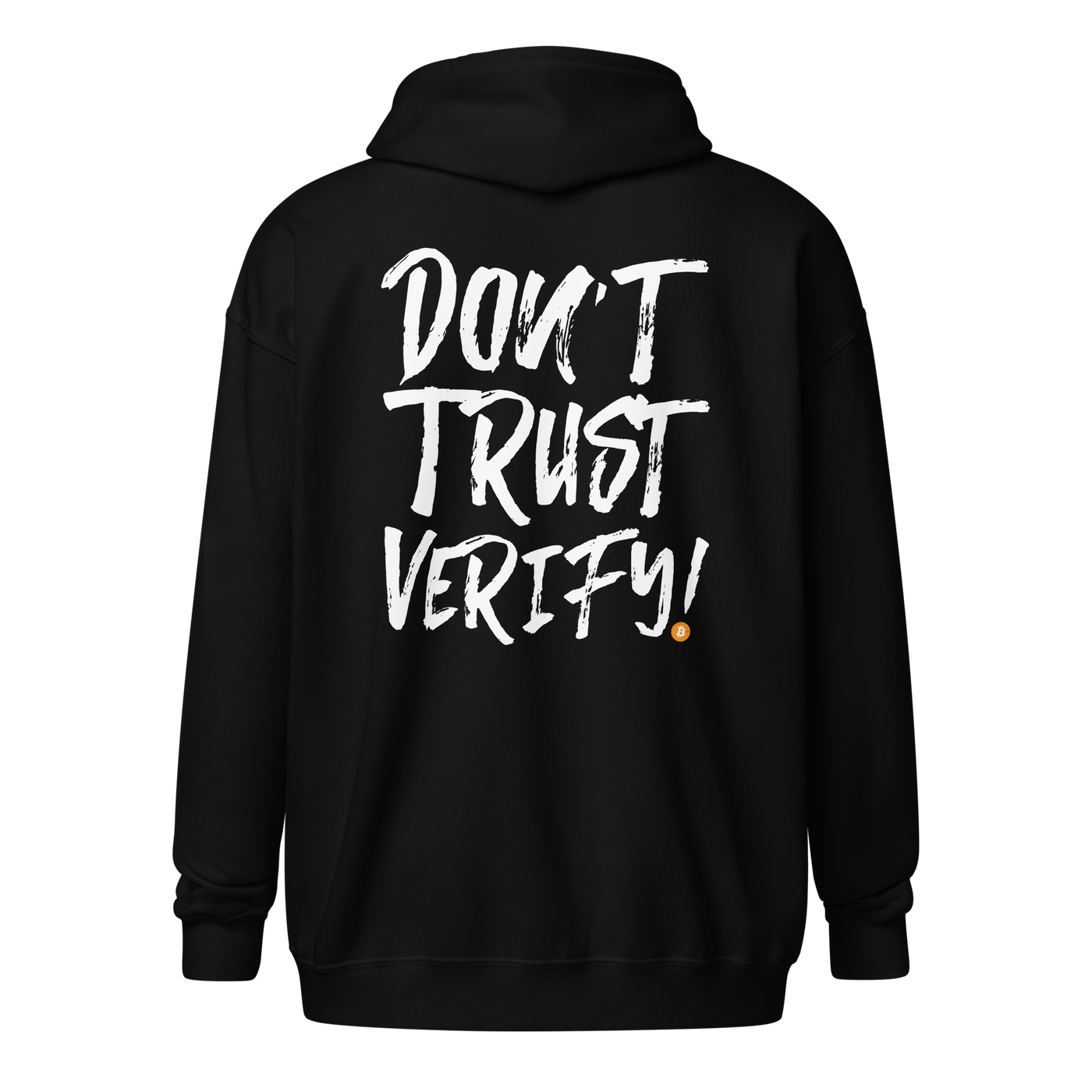 Black Bitcoin zip hoodie with "Don't Trust, Verify" text, unisex zip-up sweatshirt for crypto enthusiasts