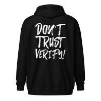Black Bitcoin zip hoodie with "Don't Trust, Verify" text, unisex zip-up sweatshirt for crypto enthusiasts