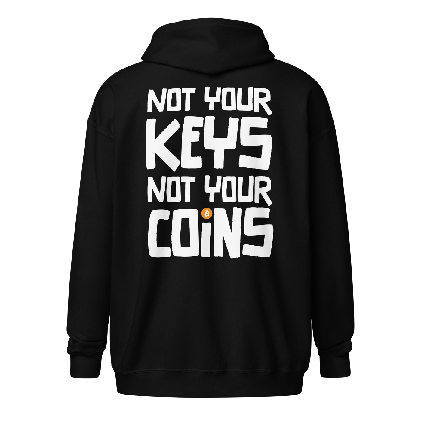 Back view of a black bitcoin zip hoodie.