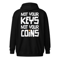 Back view of a black bitcoin zip hoodie.