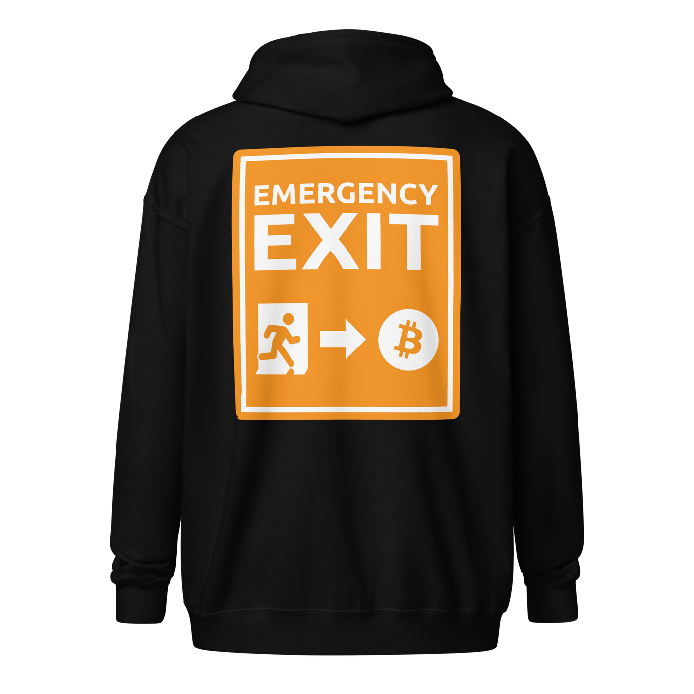 Emergency Exit Bitcoin zip hoodie promoting fair financial future