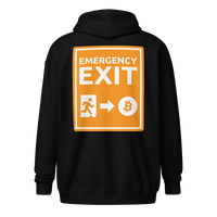 Emergency Exit Bitcoin zip hoodie promoting fair financial future