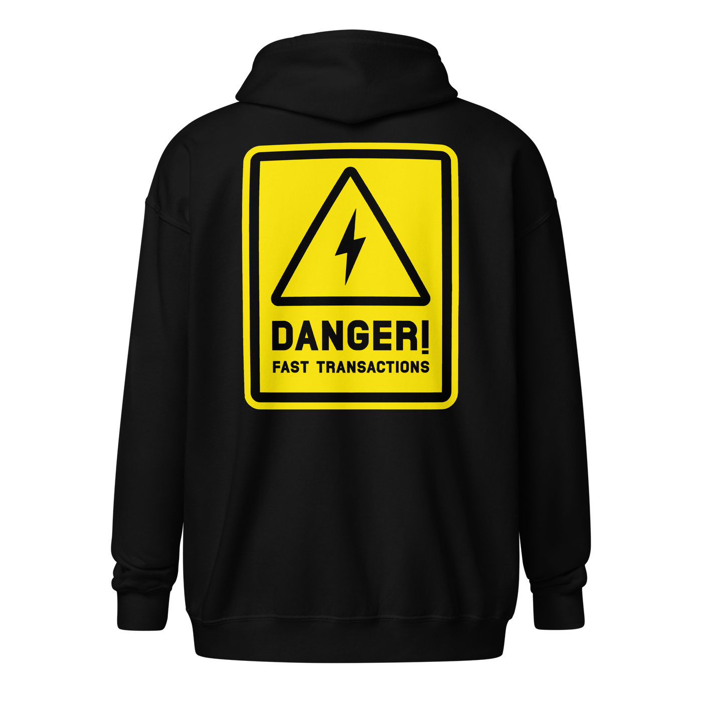 Danger! Fast Transactions heavy blend lightning zip hoodie in Black, back view.