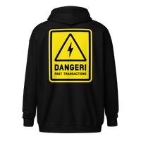 Danger! Fast Transactions heavy blend lightning zip hoodie in Black, back view.