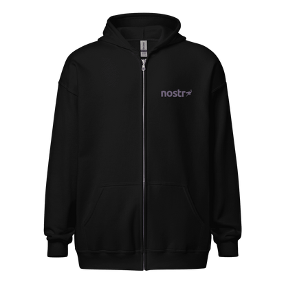 Front view of a black embroidered nostr zip hoodie.