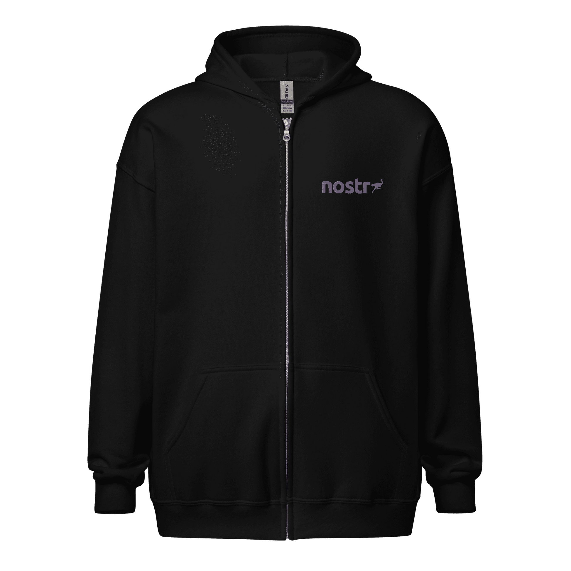 Front view of a black embroidered nostr zip hoodie.