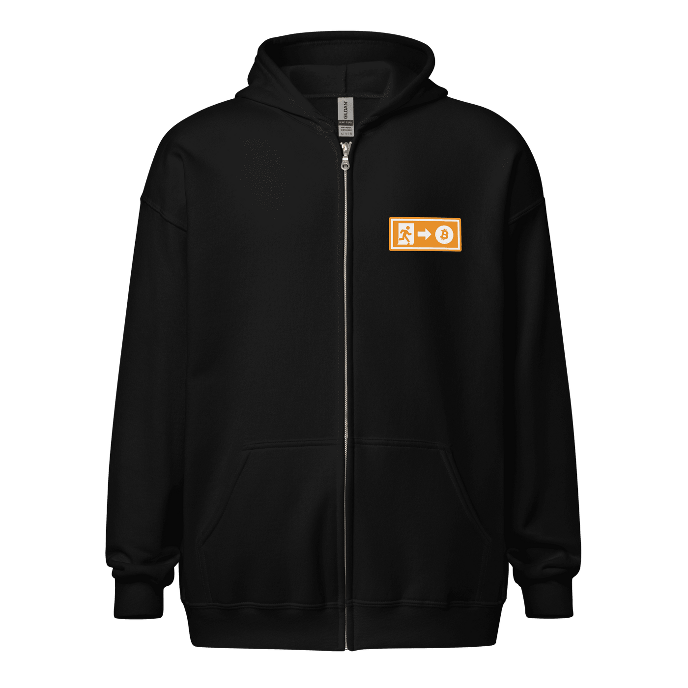 Emergency Exit Bitcoin zip hoodie promoting fair financial future