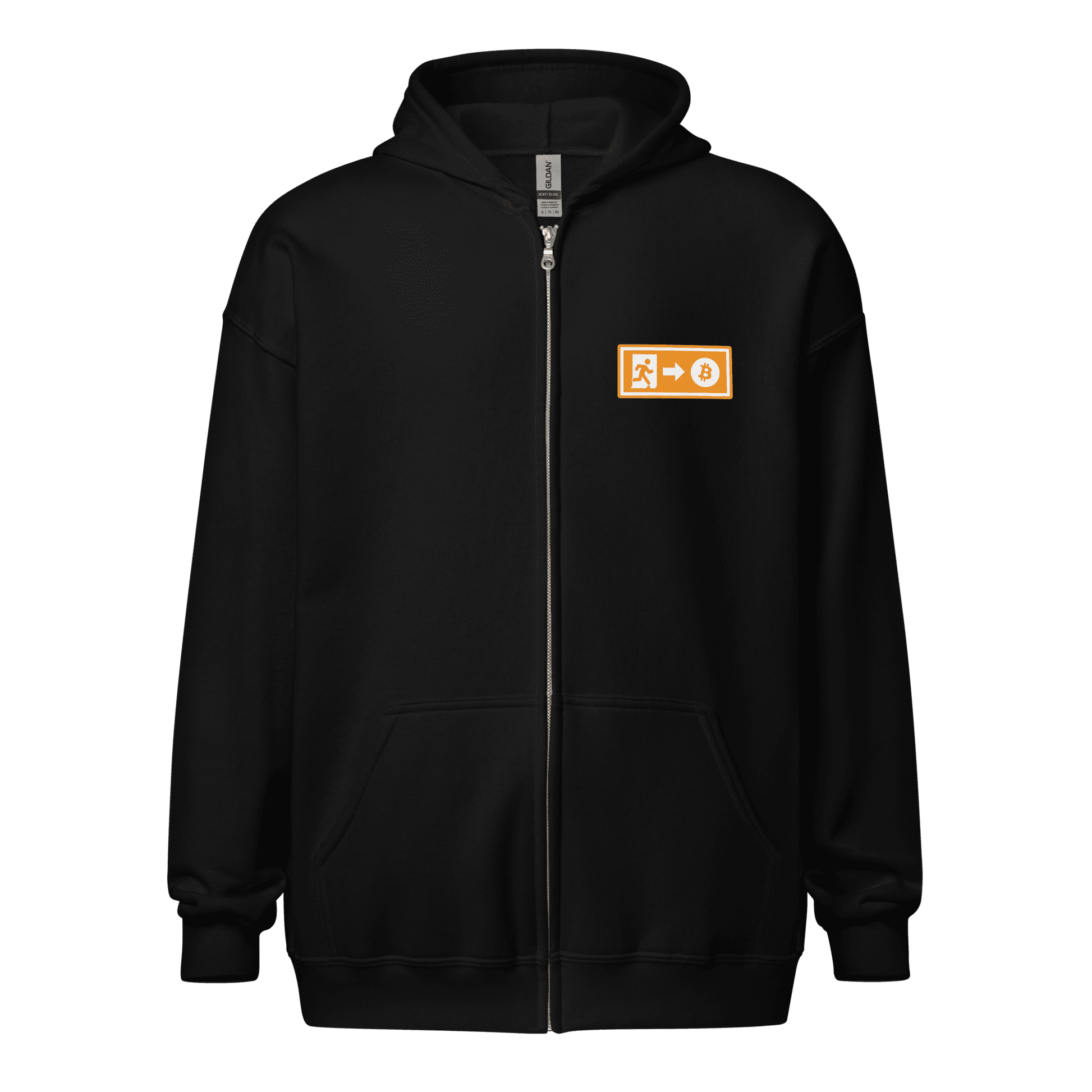 Front view of a black bitcoin zip hoodie.