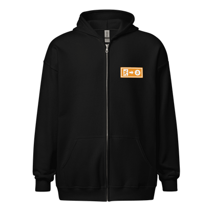 Front view of a black bitcoin zip hoodie.