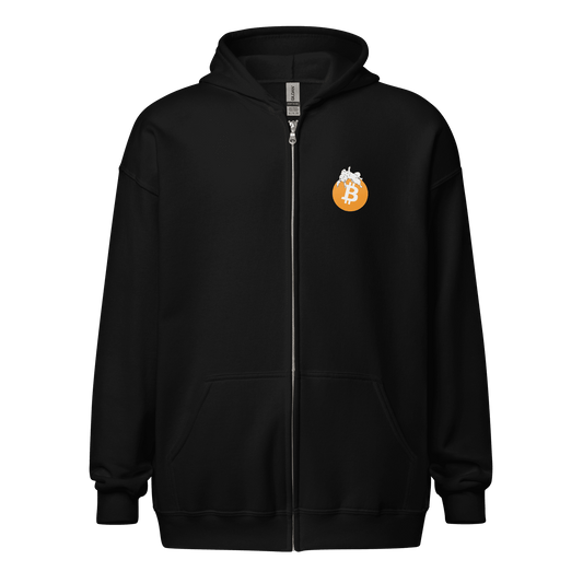 Front view of a black bitcoin zip hoodie.