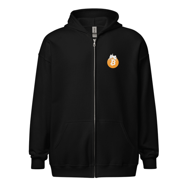 Heavy Blend Bitcoin Zip Hoodie with soft fleece and metal zipper showcasing "F*** Fiat Money" design